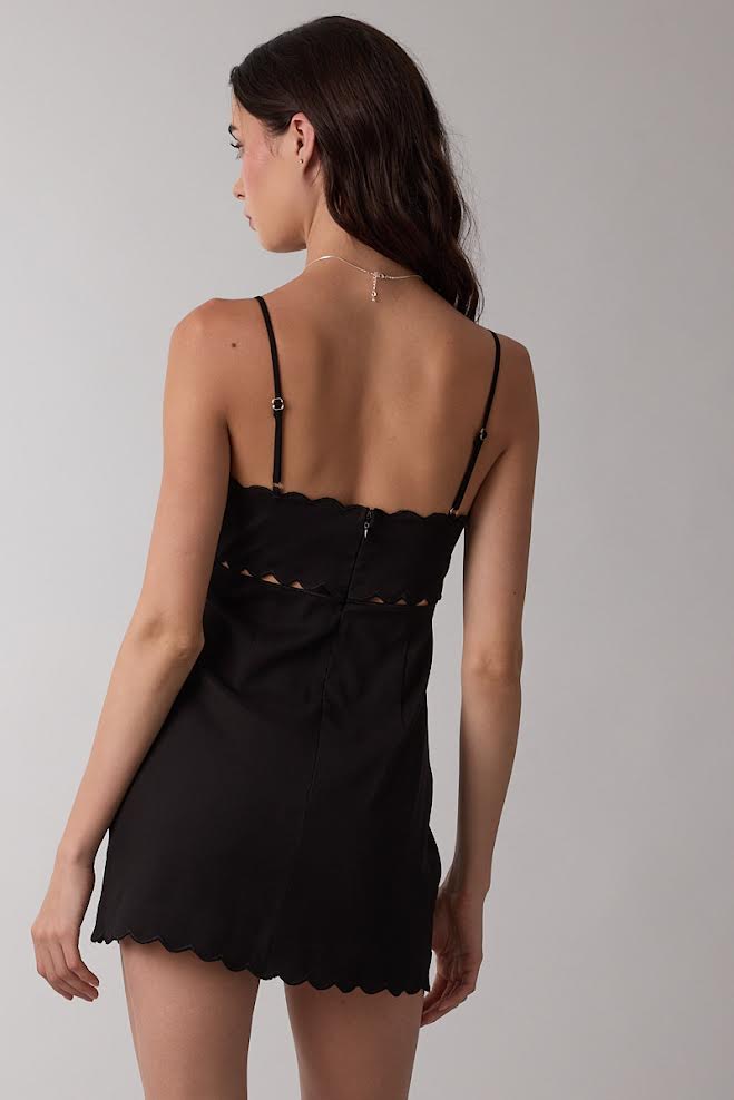 Sky To Moon Shiny Solid Scallop Cut V-Neck Mini Dress