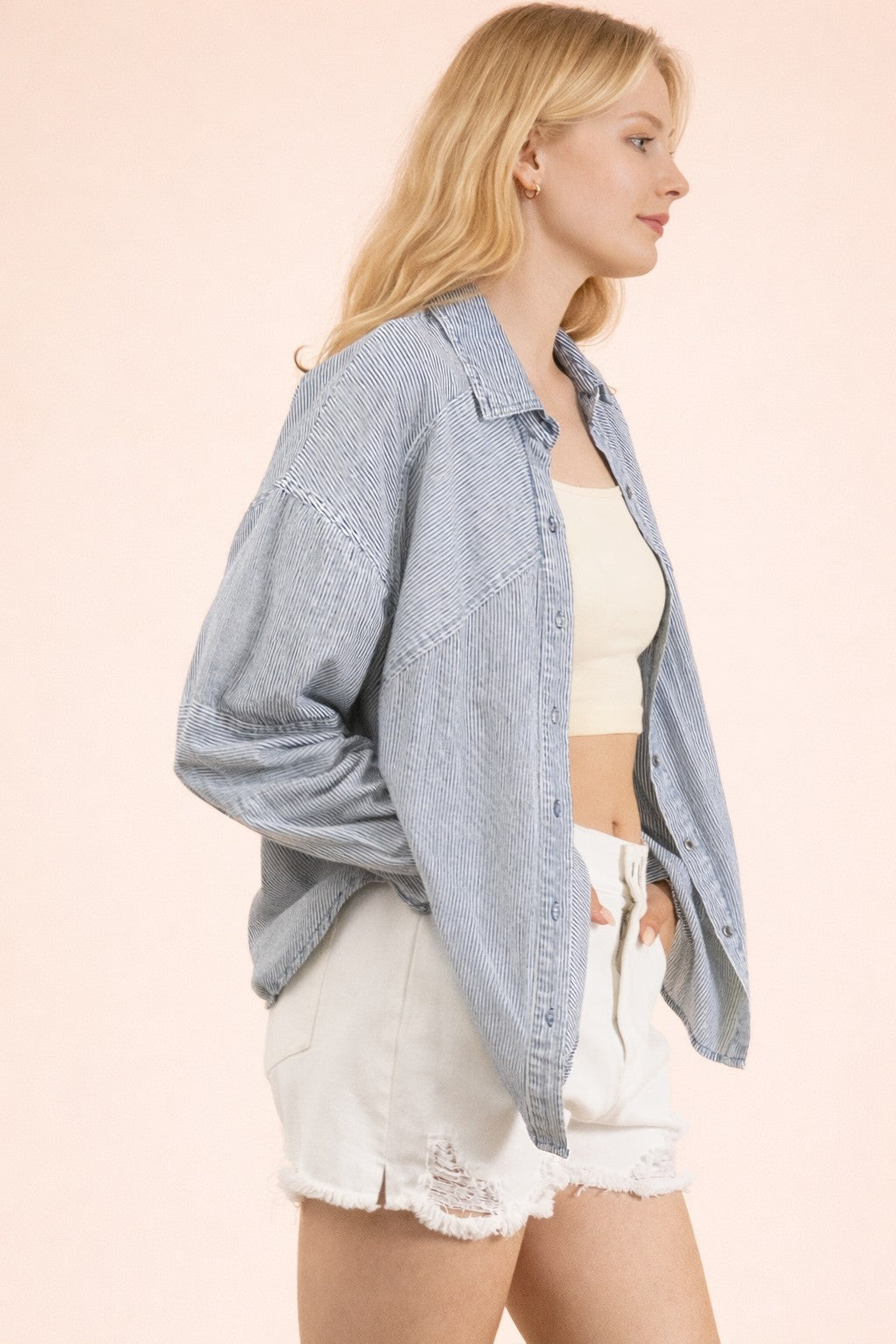 Very J Mineral Wash Chambray Button Down Top