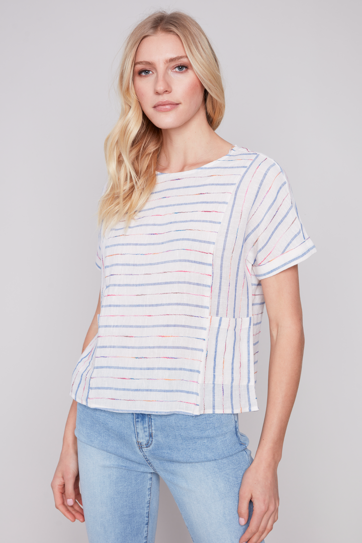 Charlie B Yarn Dyed Embroidered Stripe Boxy Top With Pockets