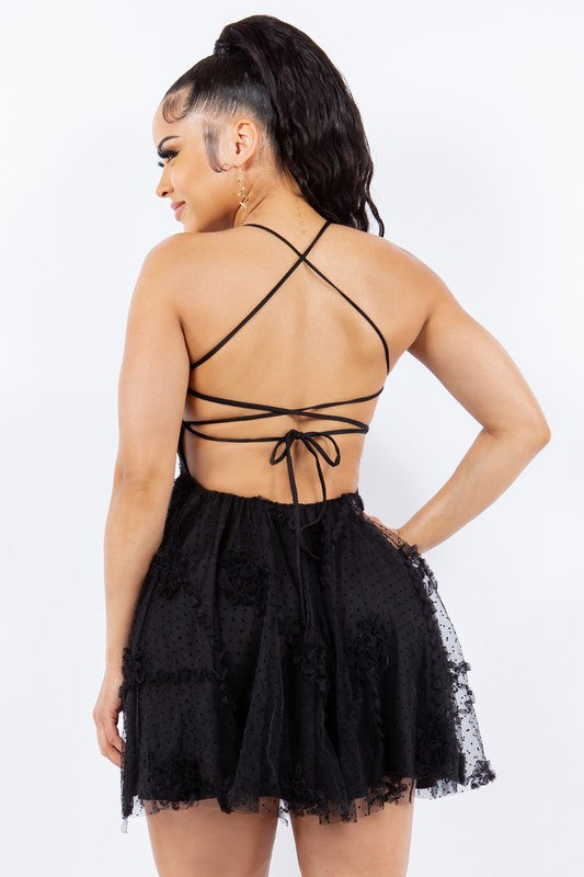 Lovesome Coquette Floral Lace Embroidery Flowy Mini Dress Black / L Lovesome Coquette Floral Lace Embroidery Flowy Mini Dress Black / L