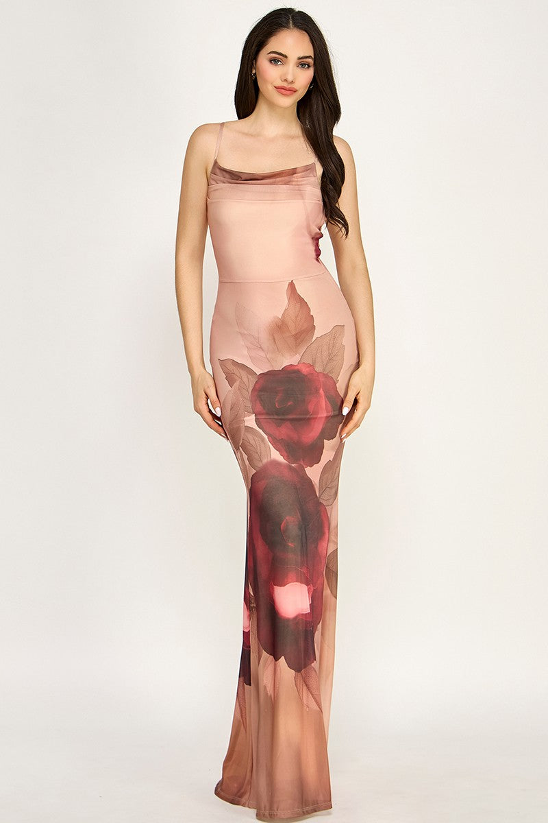 Spring Haze Big Flower Print Mesh Maxi Dress