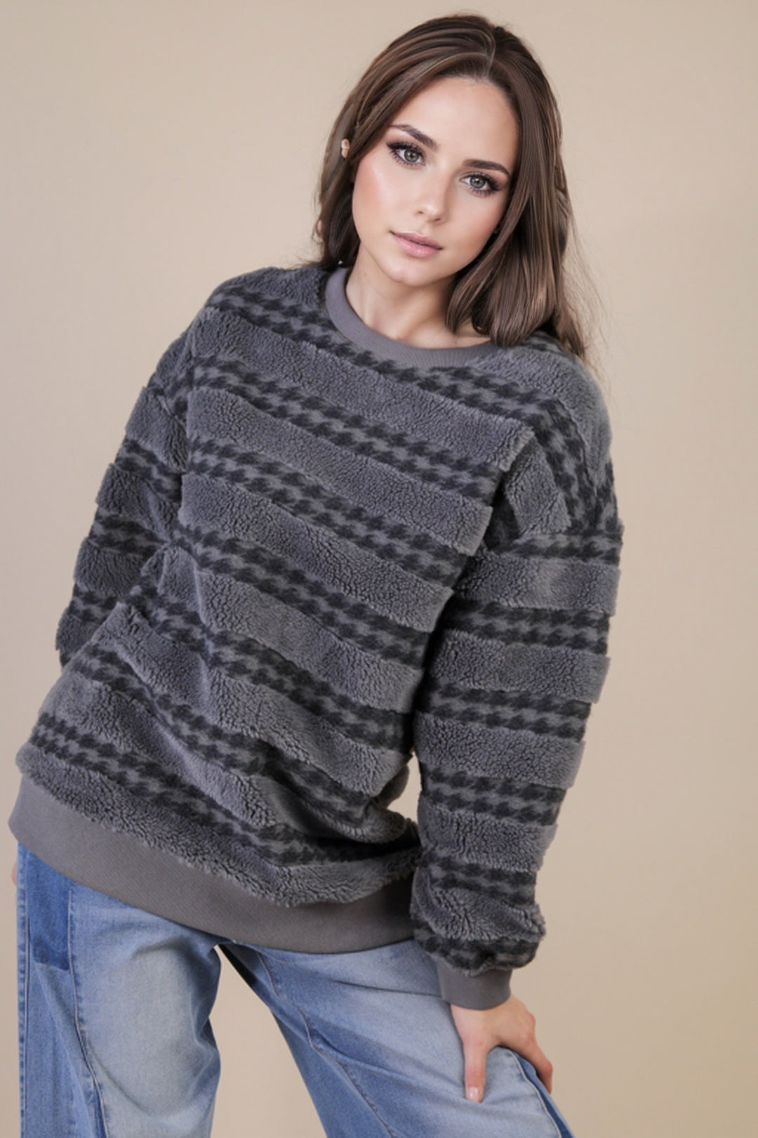 Very J Oversized Textured Fleece Casual Comfy Top