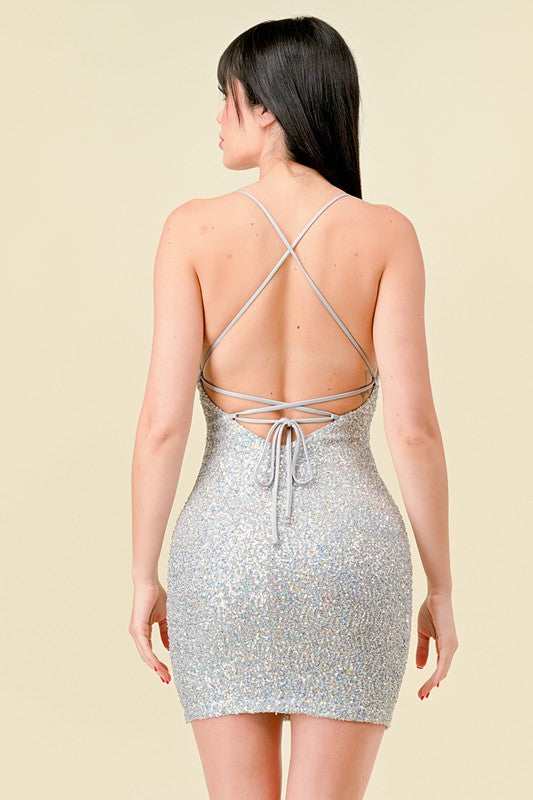 Lovesome Solid Sequin V-Neck Crossed Back Mini Dress