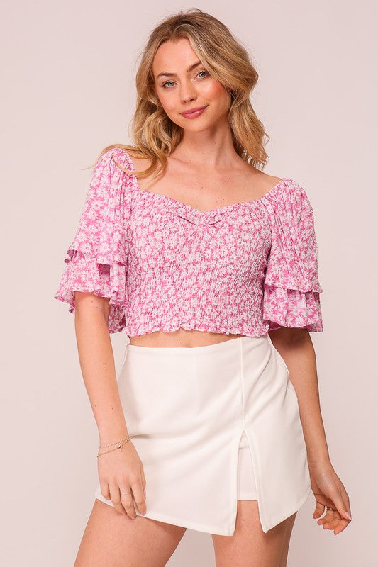 Lumiere Flutter Sleeve Floral Crop Top