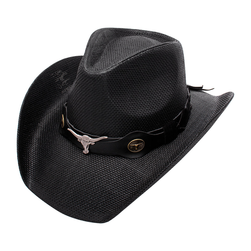Joia Metal Faux Leather Steer Band Cowboy Hat