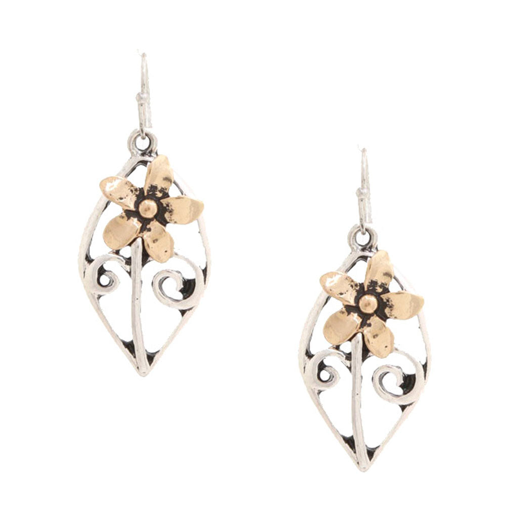 Joia Two Tone Pointed Oval Flower Metal Dangle Earrings