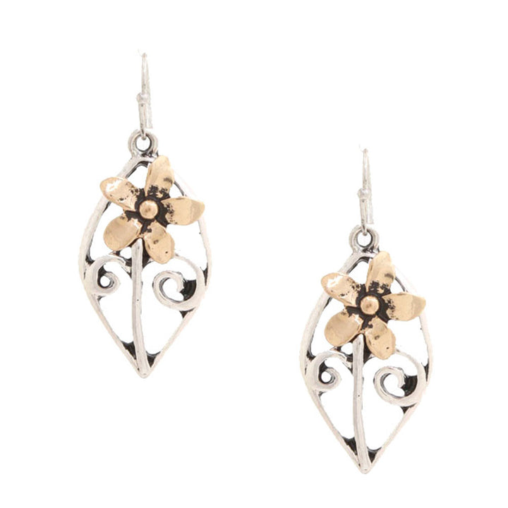 Joia Two Tone Pointed Oval Flower Metal Dangle Earrings