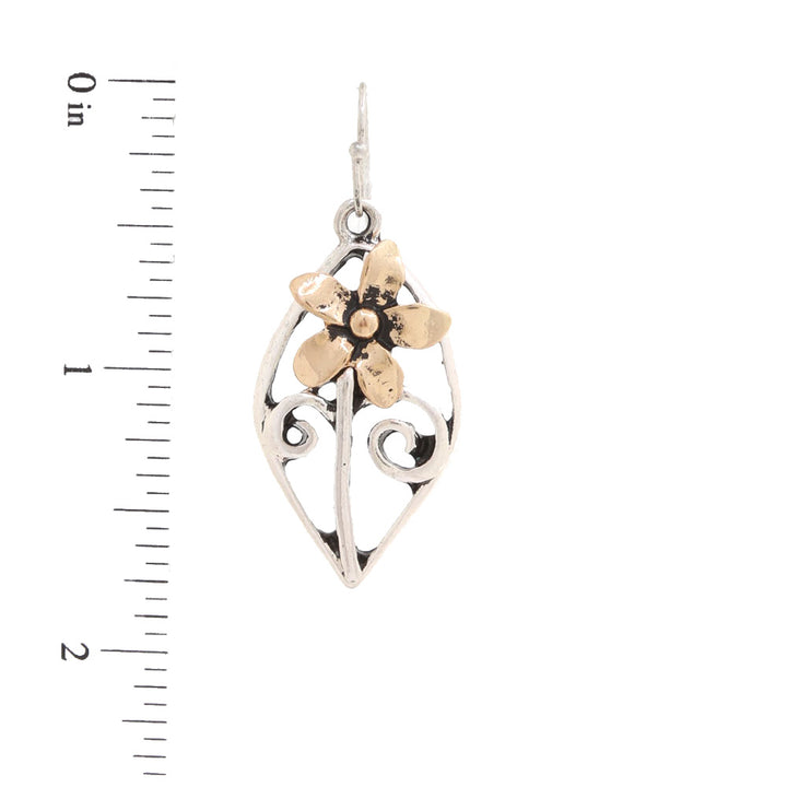 Joia Two Tone Pointed Oval Flower Metal Dangle Earrings