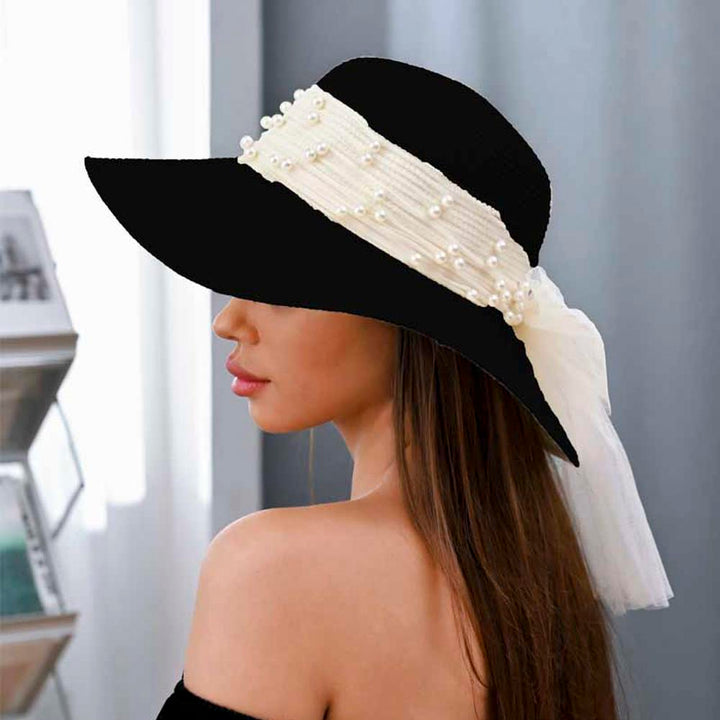 Joia Straw Sun Hat with Pearl Ribbon Band
