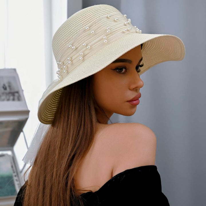 Joia Straw Sun Hat with Pearl Ribbon Band