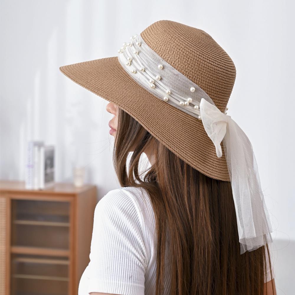 Joia Straw Sun Hat with Pearl Ribbon Band