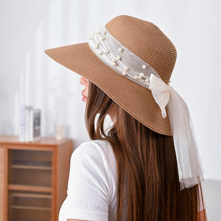 Joia Straw Sun Hat with Pearl Ribbon Band