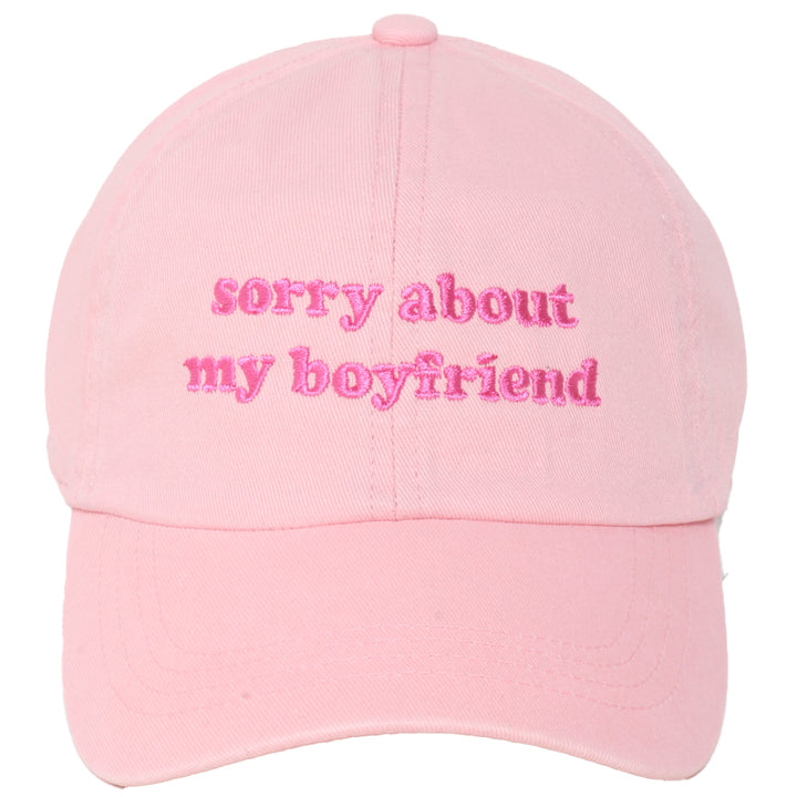 Joia Accessories Sorry About My Boyfriend Stonewashed Embroidered Baseball Cap