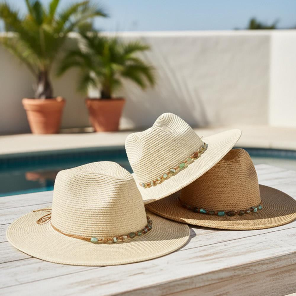 Joia Straw Fedora Hat With Turquoise Stone Band