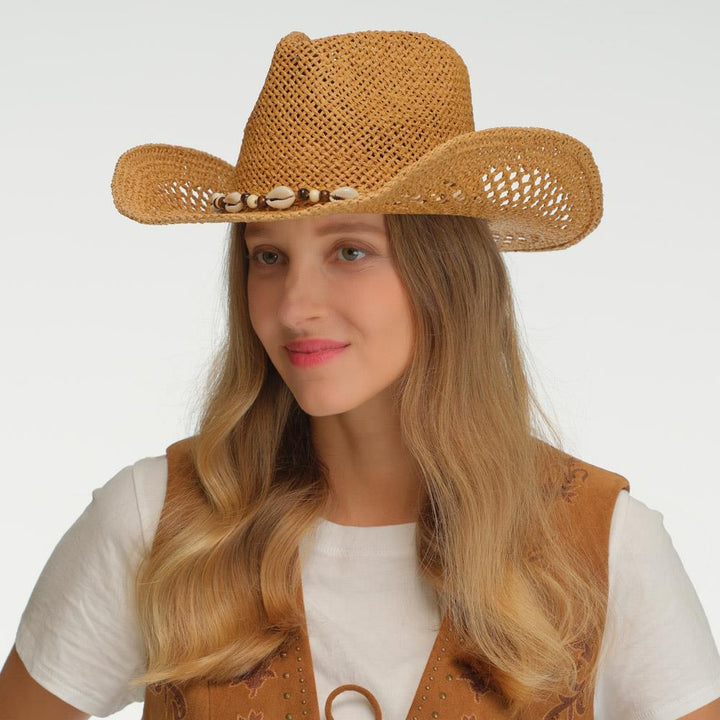 Joia CC Paper Straw Cowboy Hat with Shell & Beaded Band