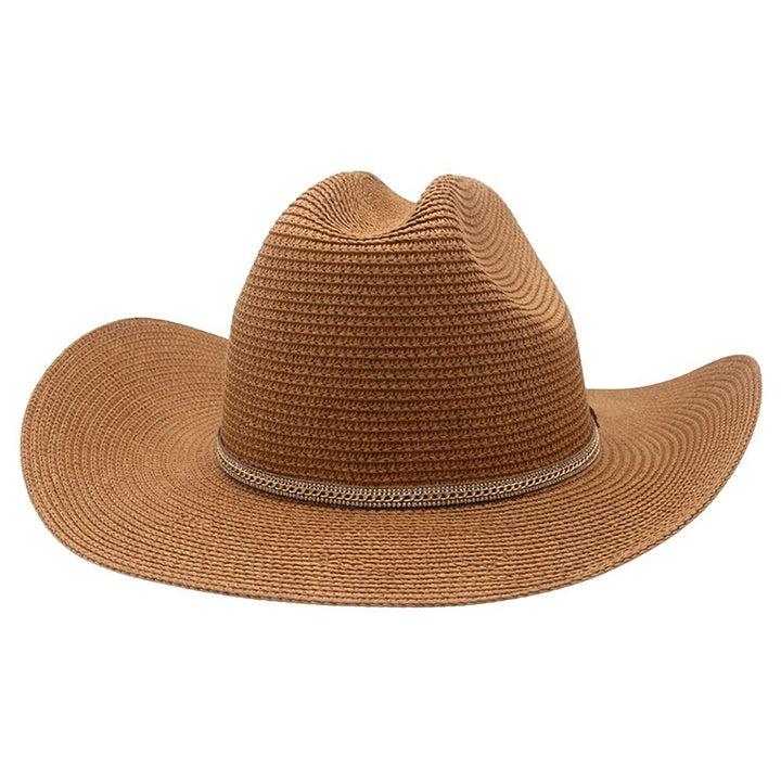 Joia Western Open-Weave Straw Sun Hat with Metallic Band Detail