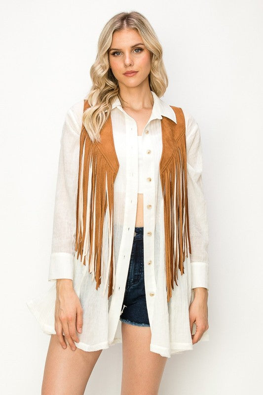 Wisteria Lane Western 2-tone Fringed Faux Suedette Vest