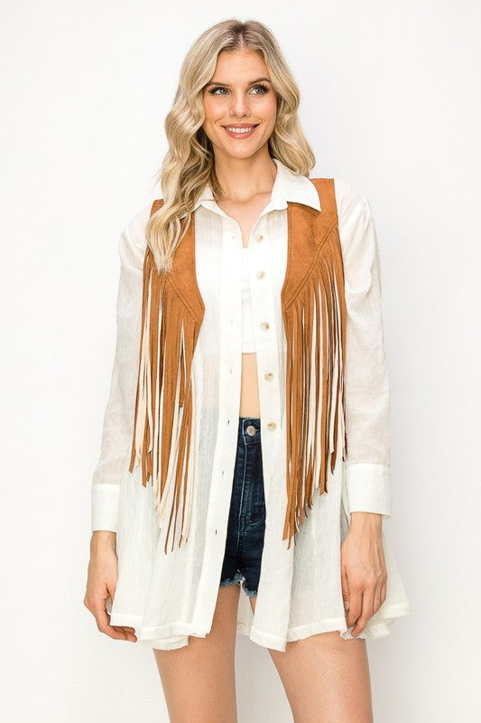 Wisteria Lane Western 2-tone Fringed Faux Suedette Vest
