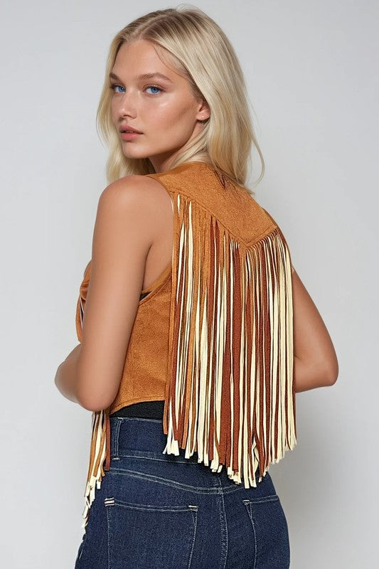 Wisteria Lane Western 2-tone Fringed Faux Suedette Vest