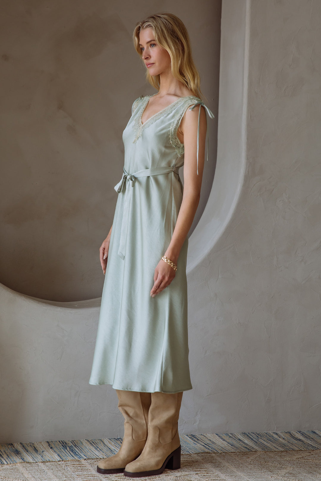 Skies Are Blue Tie Lace Trim Slip Dress
