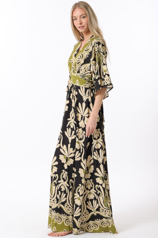 Aakaa Kimono Sleeve Boarder Printed Dress