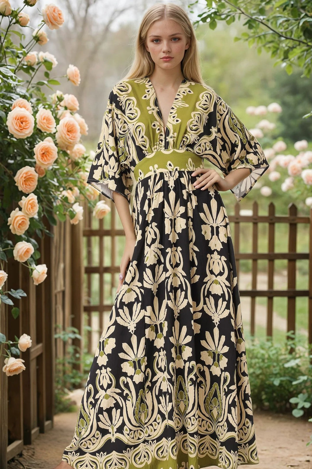 Aakaa Kimono Sleeve Boarder Printed Dress