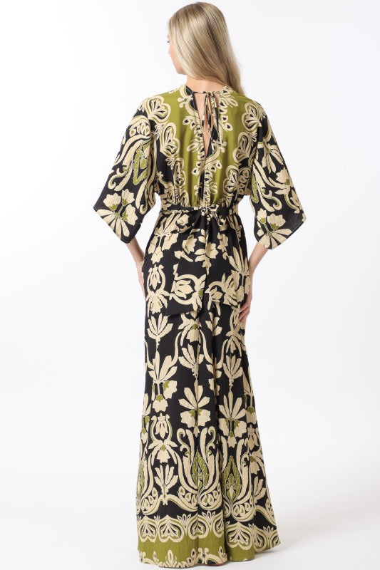 Aakaa Kimono Sleeve Boarder Printed Dress