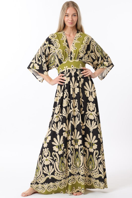 Aakaa Kimono Sleeve Boarder Printed Dress