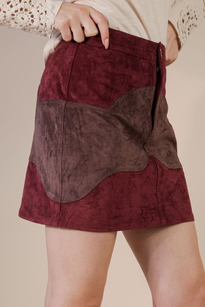 Very J Color Block Suede Western Fitted Mini Skirt