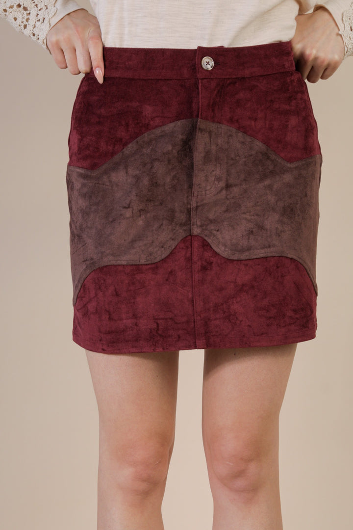 Very J Color Block Suede Western Fitted Mini Skirt