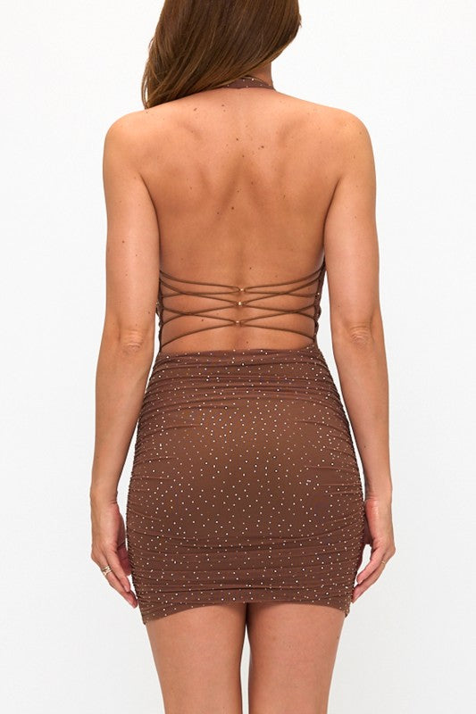 Lovely Day Embellished Halter Strappy Ruched Mini Dress