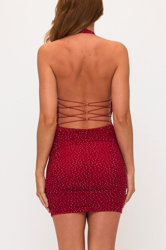Lovely Day Embellished Halter Strappy Ruched Mini Dress