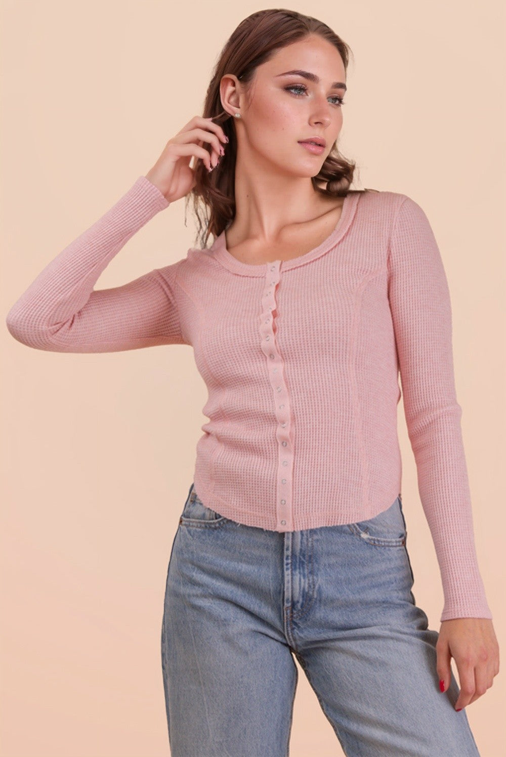 Very J Button Down Fitted Knit Casual Top