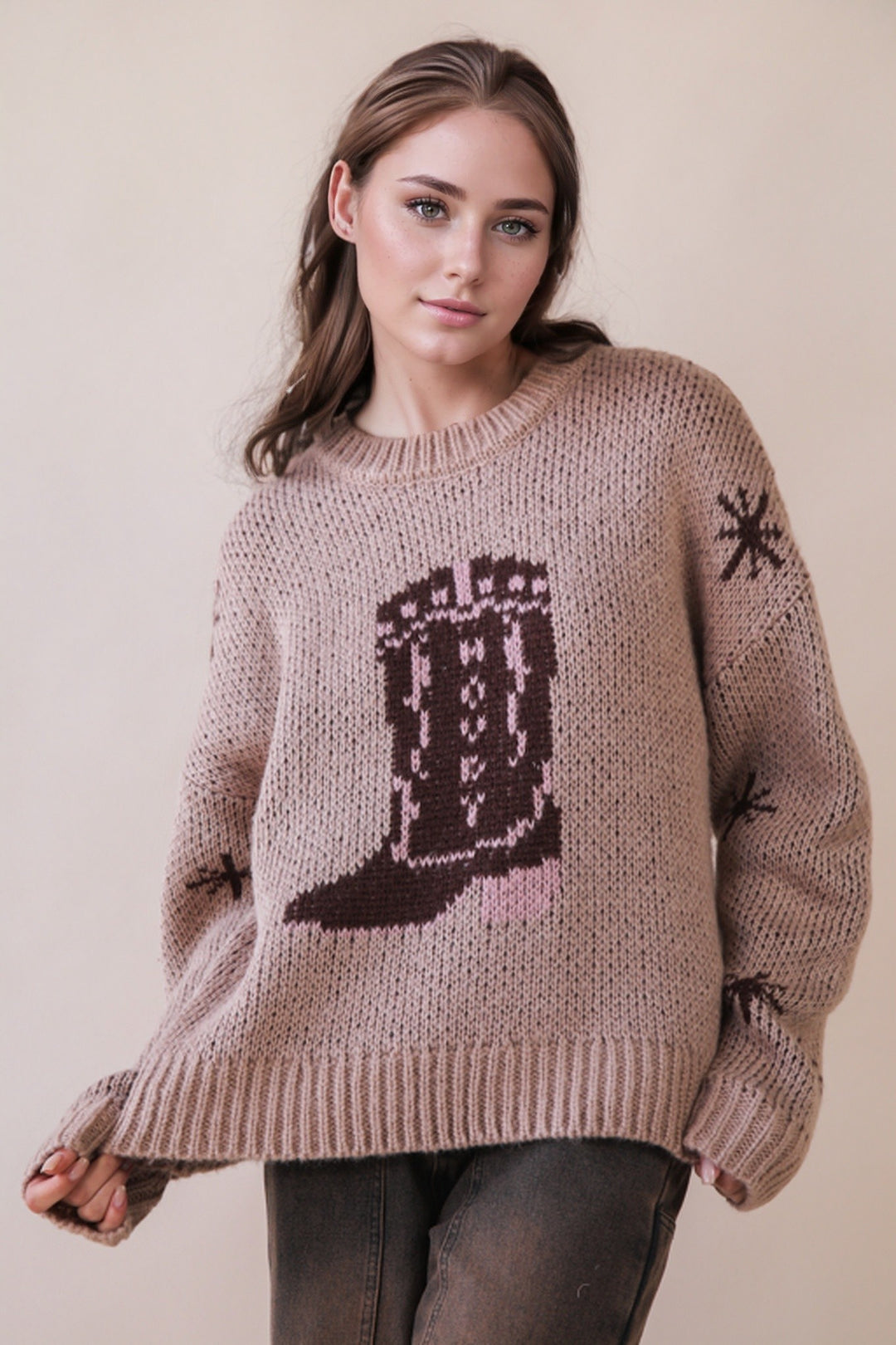 Very J Cowboy Boots Graphic Print Knit Sweater