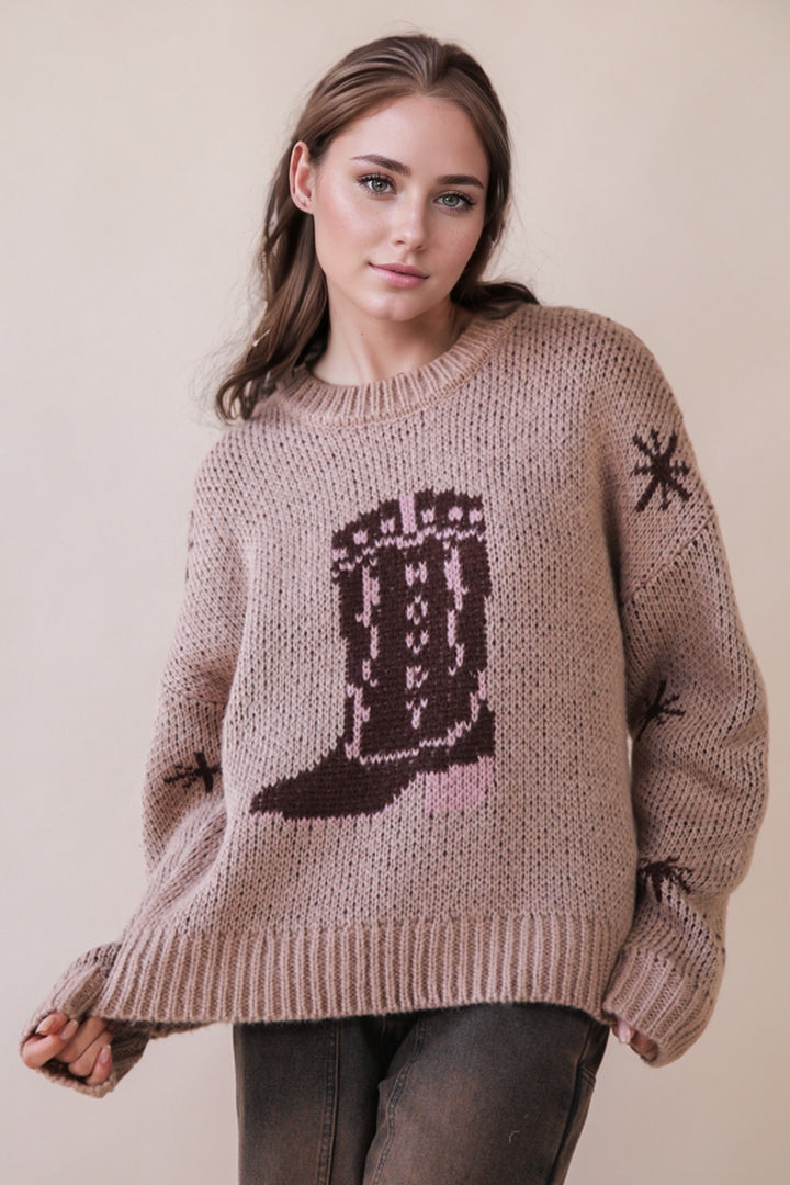Very J Cowboy Boots Graphic Print Knit Sweater