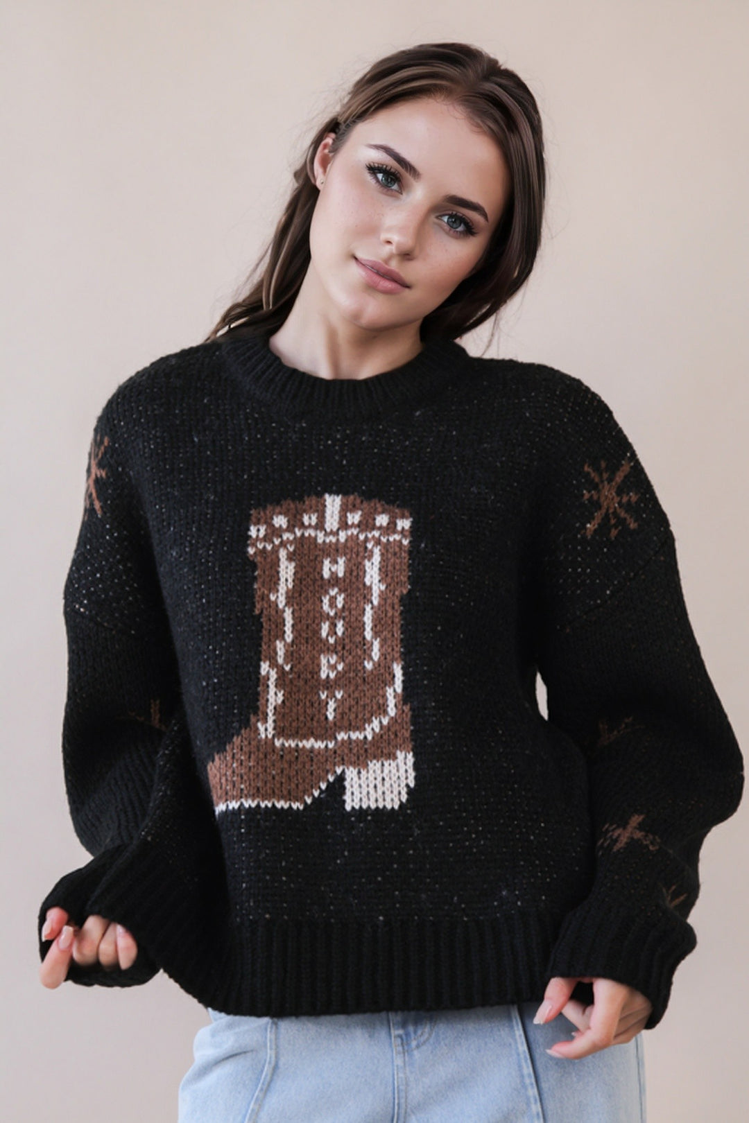 Very J Cowboy Boots Graphic Print Knit Sweater
