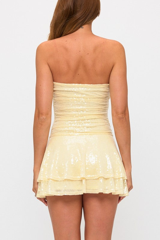Lovely Day Sequin Ruched Double Layer Skirt Mini Dress
