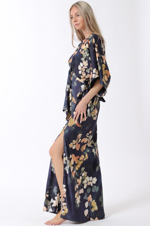 Aakaa Kimono Tie Front Maxi Dress