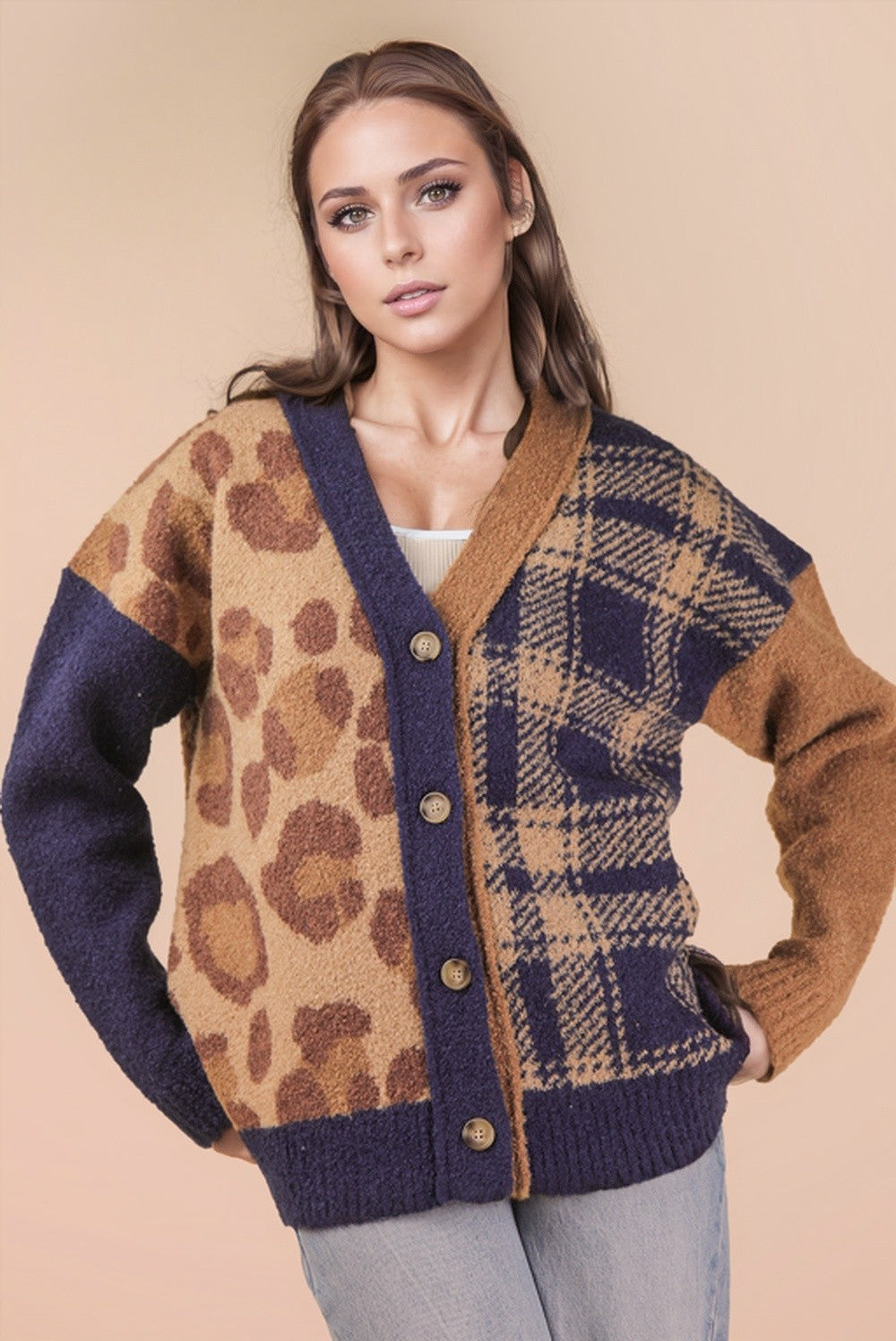 Very J Leopard & Plaid Graphic Knit Sweater Cardigan