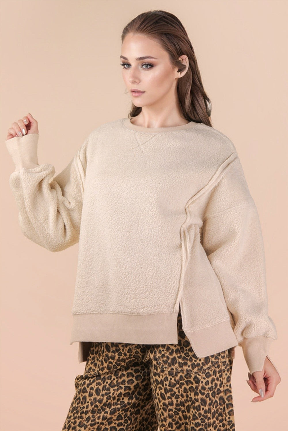 Very J Oversized Casual Solid Fleece Top