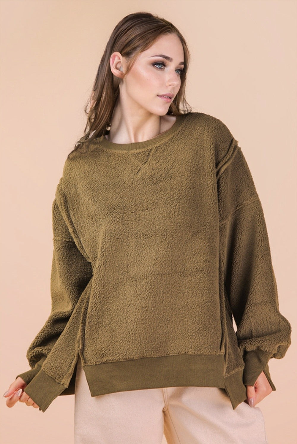 Very J Oversized Casual Solid Fleece Top