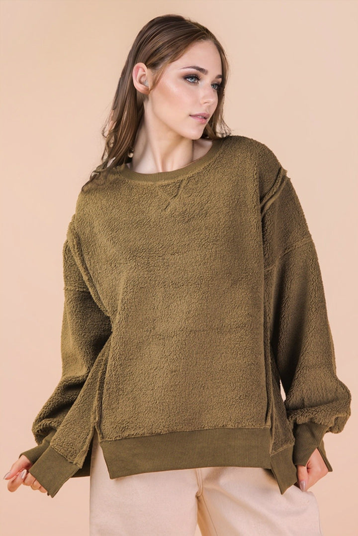 Very J Oversized Casual Solid Fleece Top