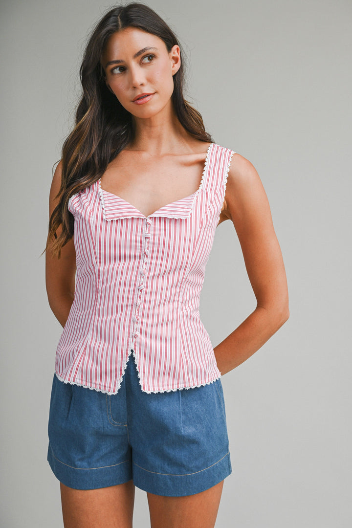 Mable Pin Stripe Lace Trim Vest