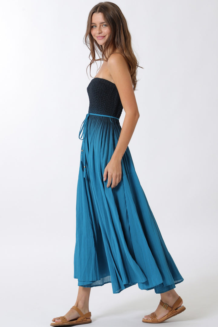 Aakaa Ombre Pleated Strapless Midi Dress