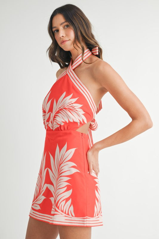 Mable Print Halter Neckline Mini Dress Tomato Red / S