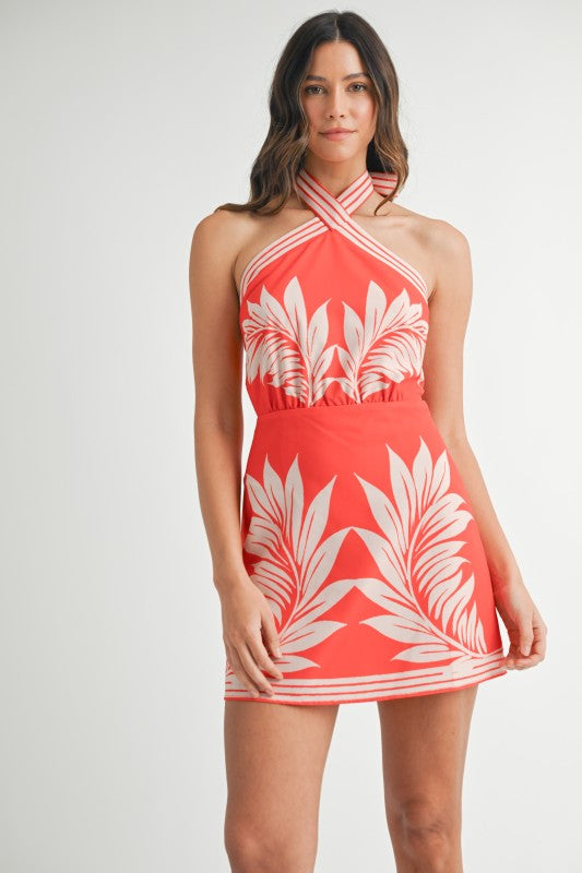 Mable Print Halter Neckline Mini Dress