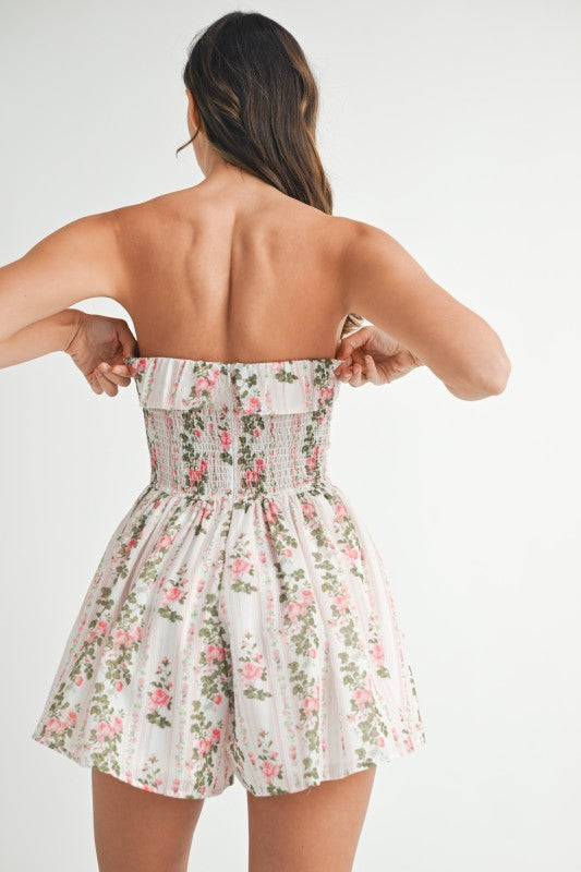 Mable Floral Print Smocked Back Tube Top Romper