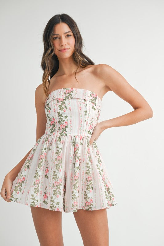 Mable Floral Print Smocked Back Tube Top Romper