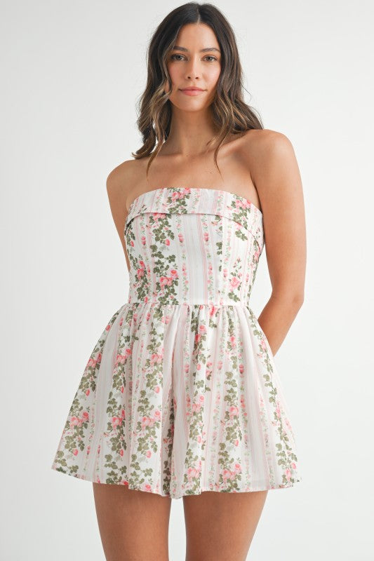 Mable Floral Print Smocked Back Tube Top Romper