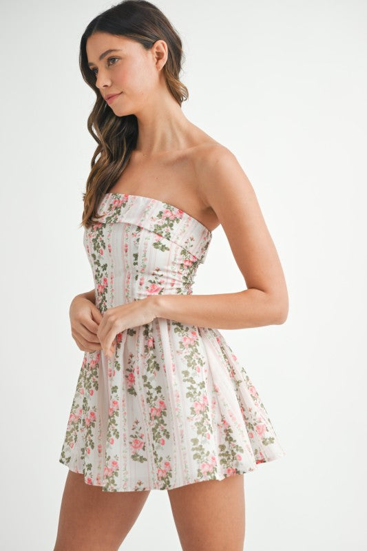 Mable Floral Print Smocked Back Tube Top Romper